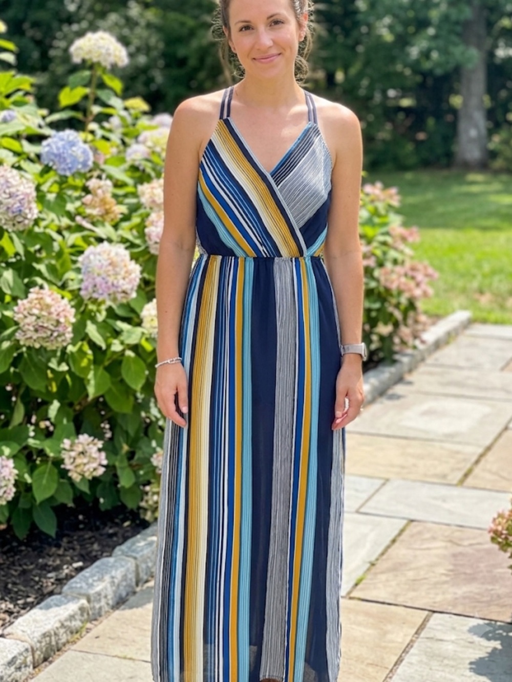 Monteau Striped V-Neck Maxi Dress Navy Mustard Teal NWOT small front slit summer